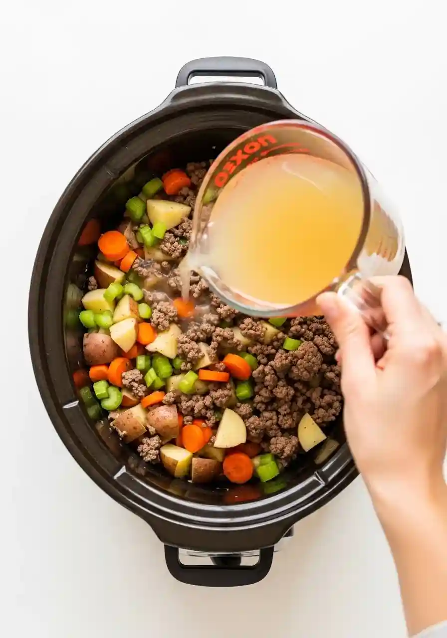 Soup ingredients simmering inside a slow cooker.