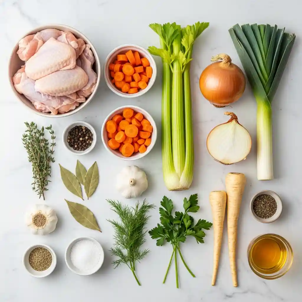 Raw chicken wings, chopped carrots, celery, onion, leeks, garlic, parsnips, herbs, bay leaves, peppercorns, salt, and apple cider vinegar arranged in a flat lay on a marble surface.