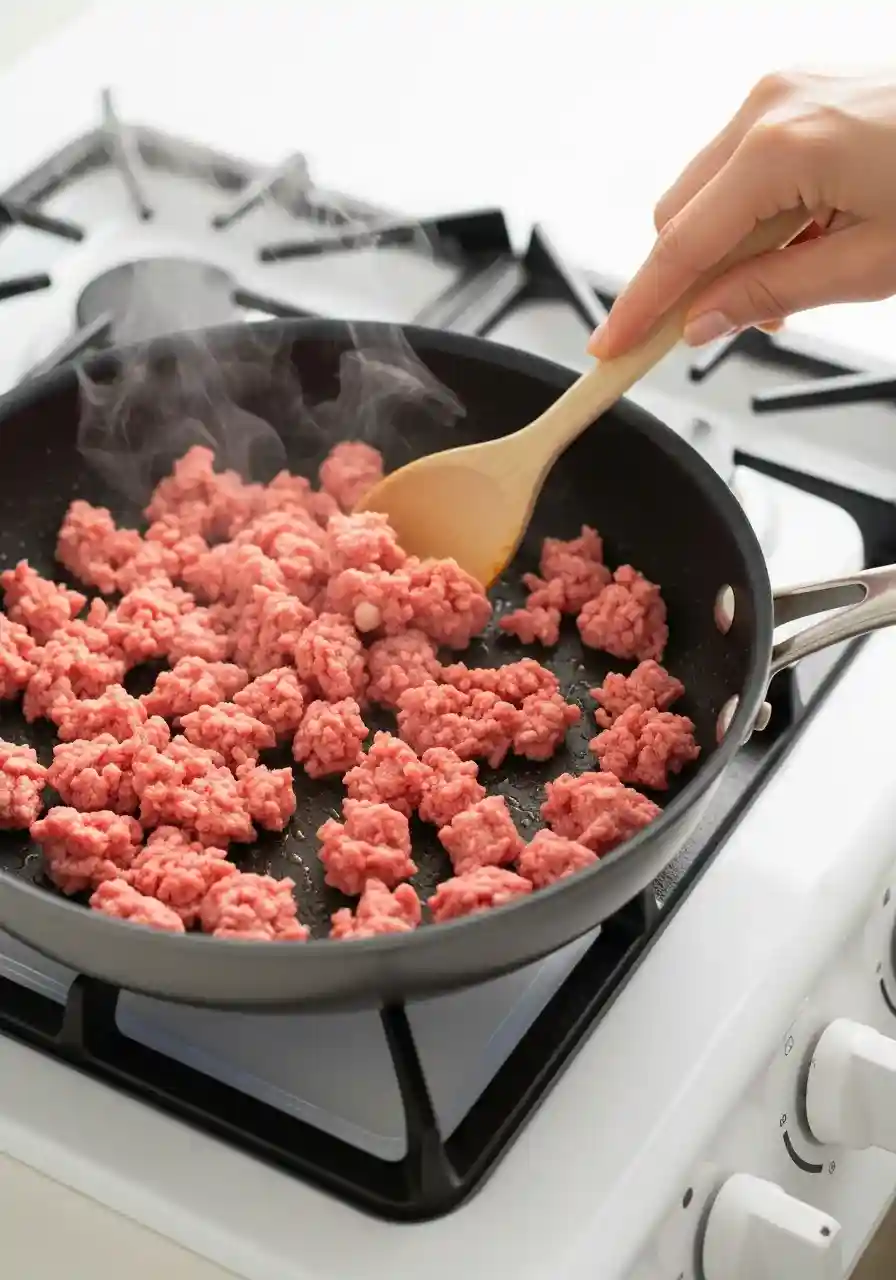 Browning ground beef in a skillet for Crockpot soup