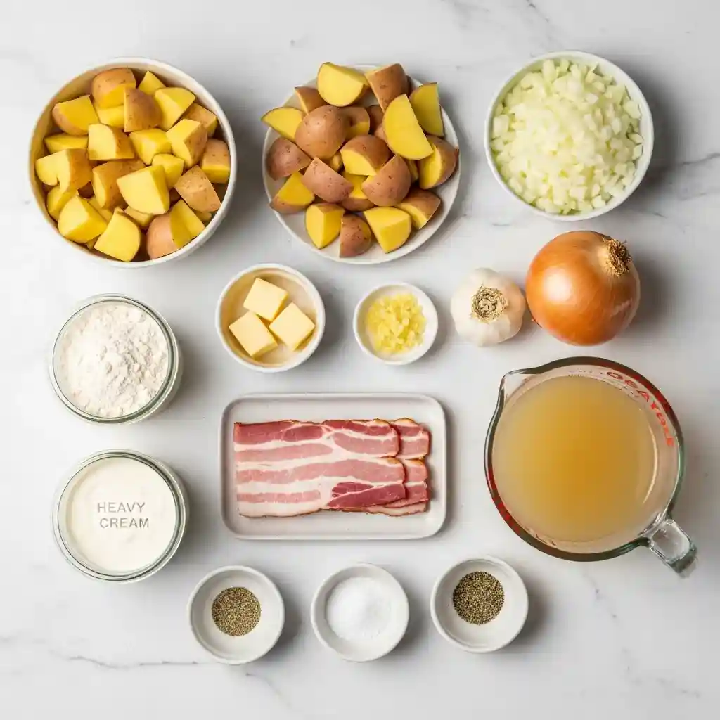 Flat-lay of crockpot potato soup ingredients on a marble surface.