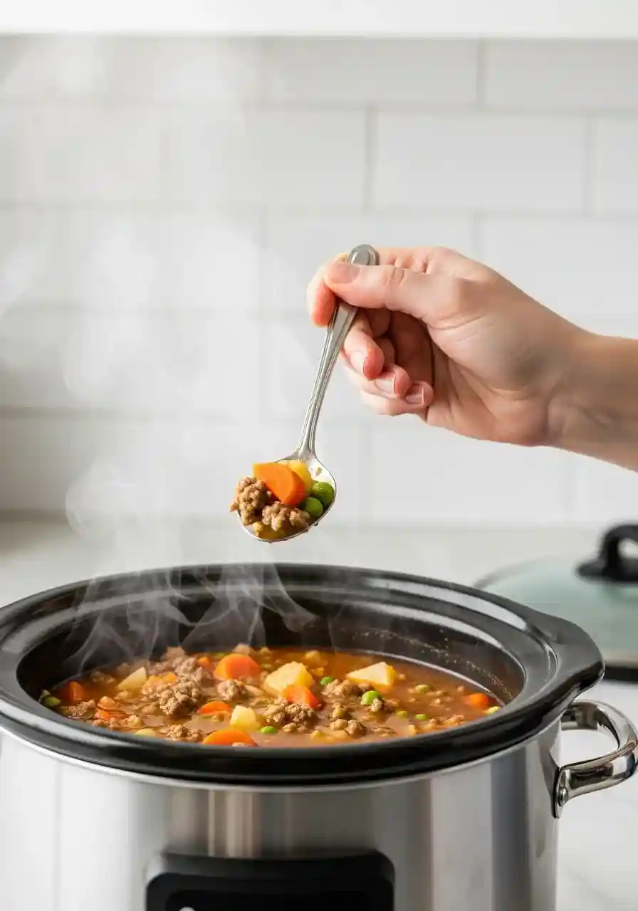 Tasting and seasoning Crockpot beef vegetable soup
