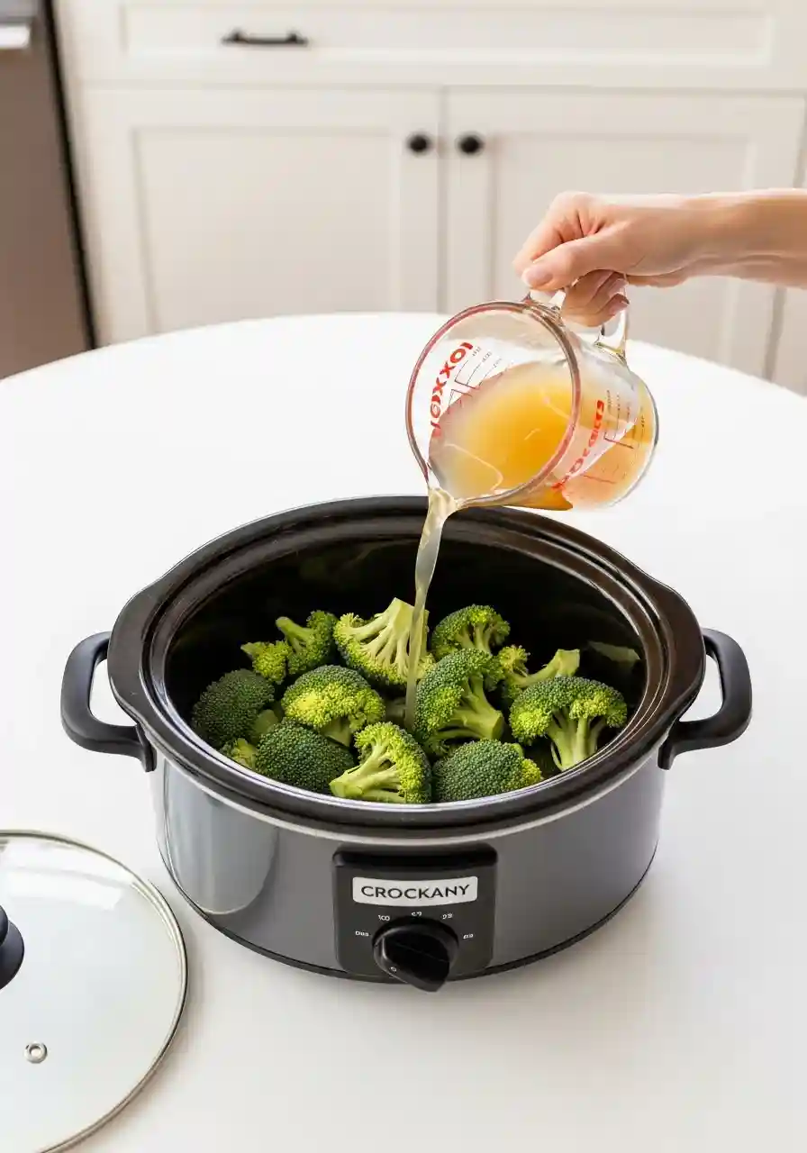 adding broccoli and broth to crockpot for soup