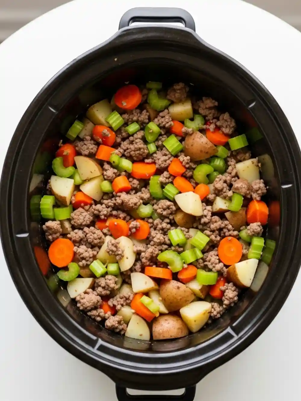 Potatoes, carrots, celery, and cooked beef added to a slow cooker.
