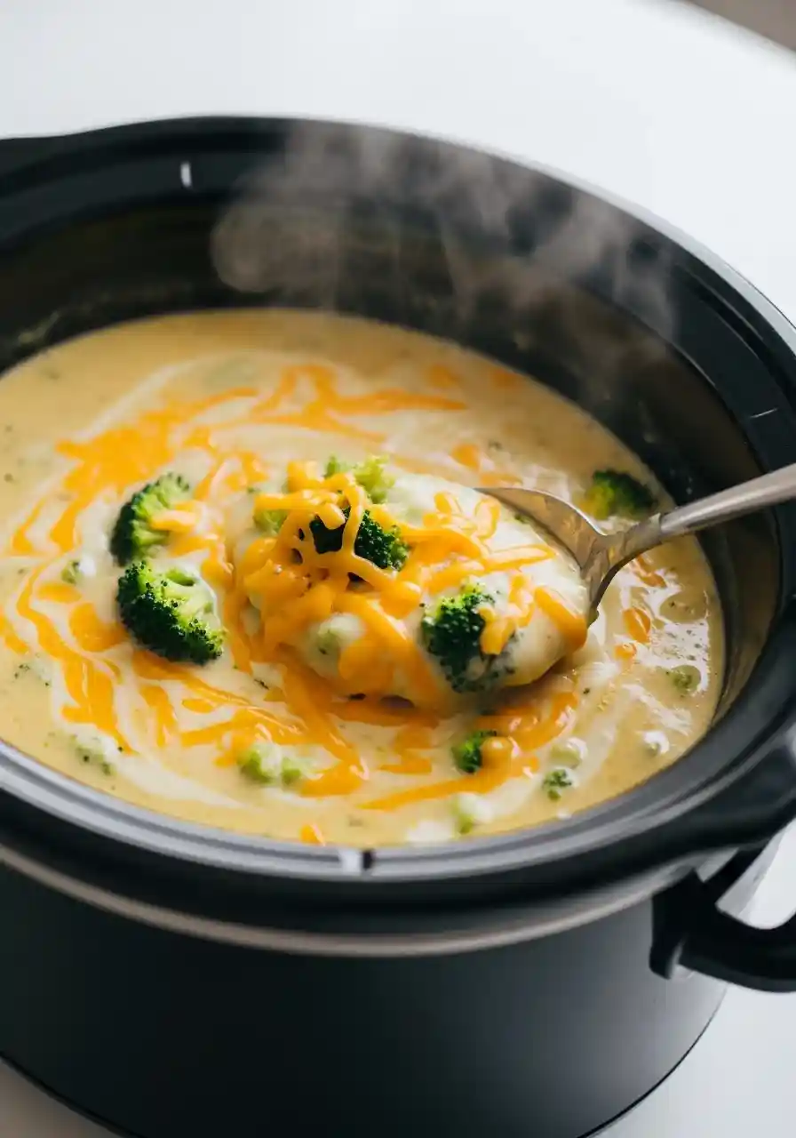 stirring melted cheddar and Velveeta into creamy broccoli soup