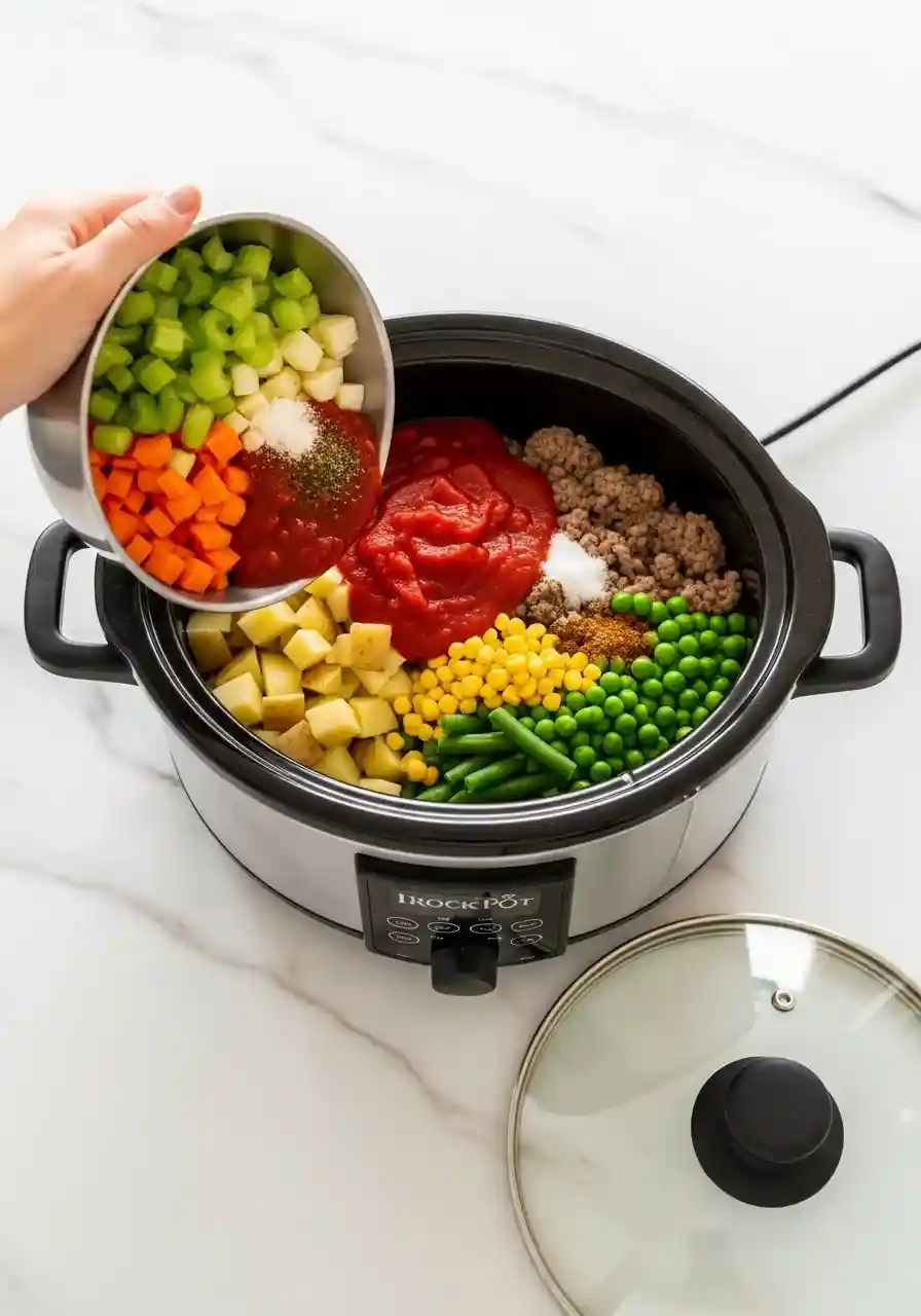 Fresh vegetables and beef added to a slow cooker