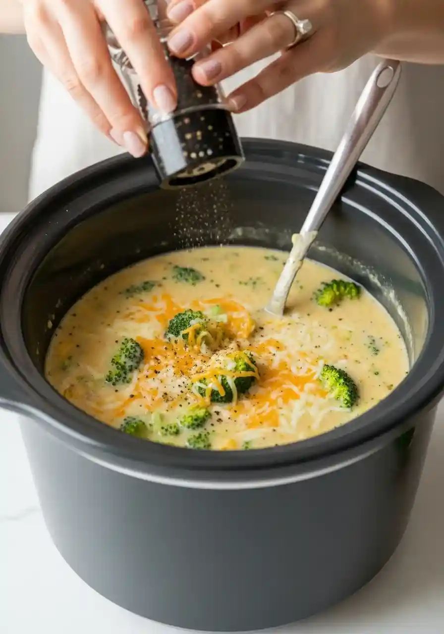 blending broccoli cheese soup with immersion blender