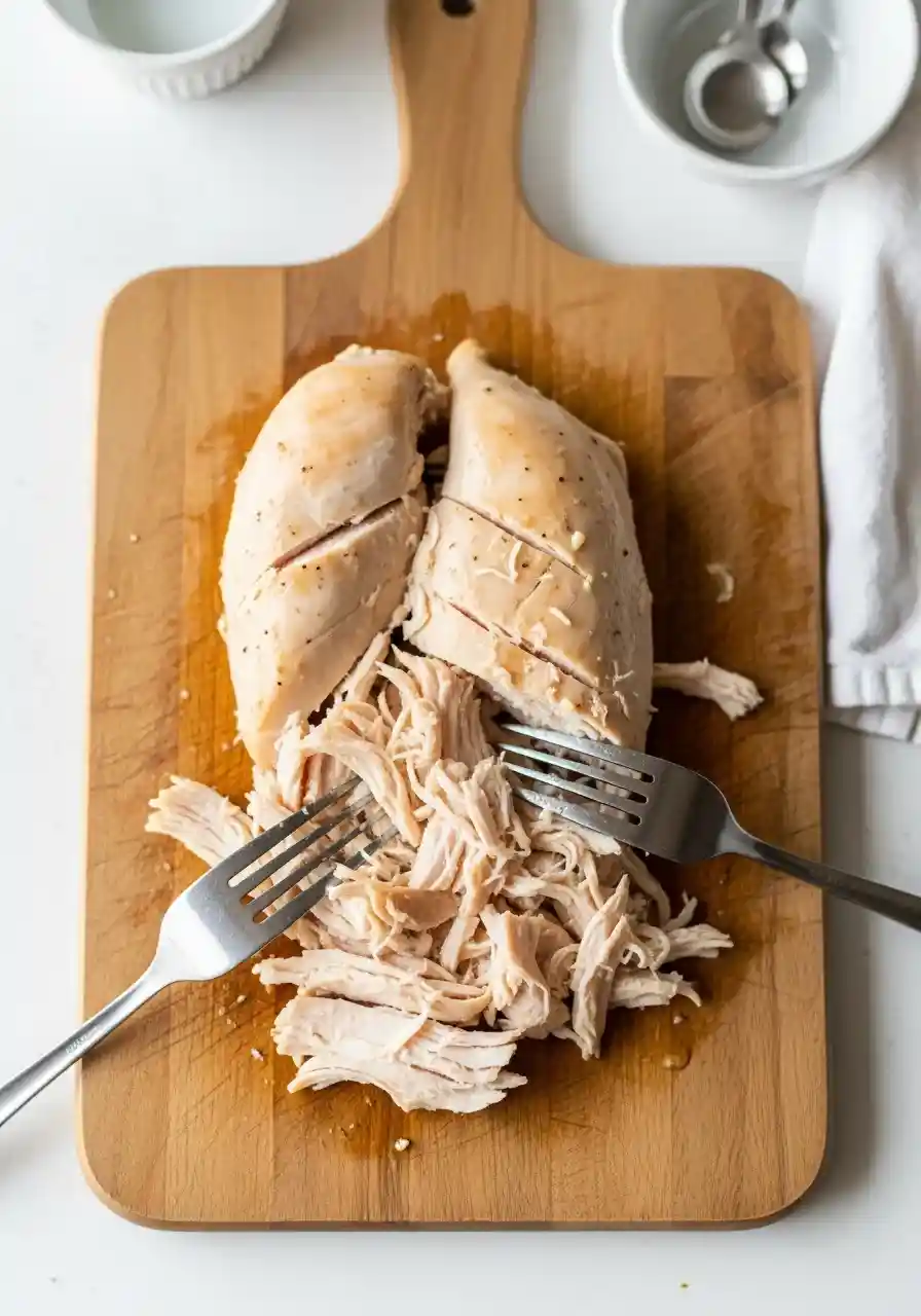 shred-chicken-corn-chowder. Cooked chicken breasts being shredded with two forks on a cutting board.