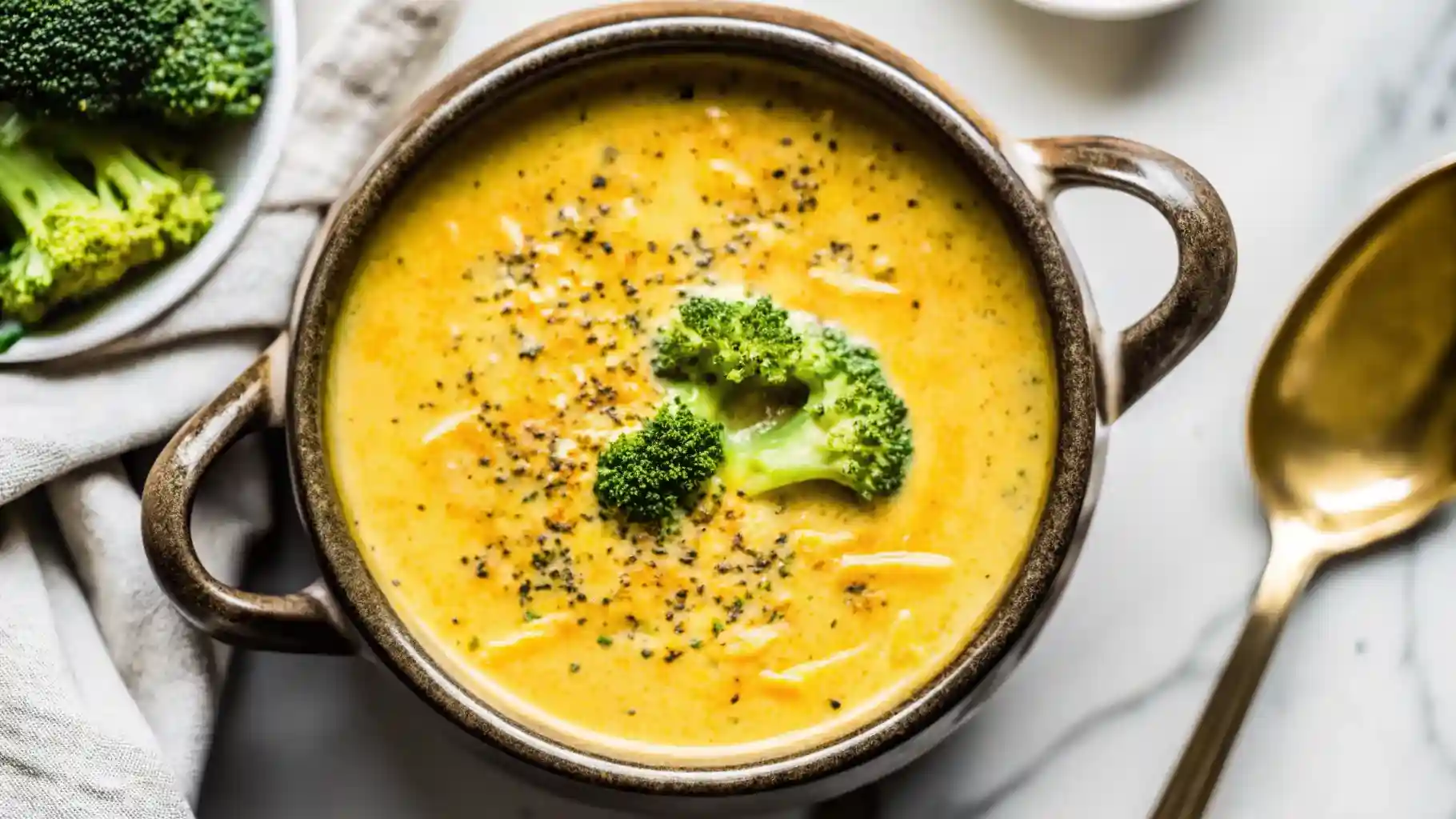 Creamy broccoli cheese soup in a rustic bowl topped with fresh broccoli florets and cracked black pepper.