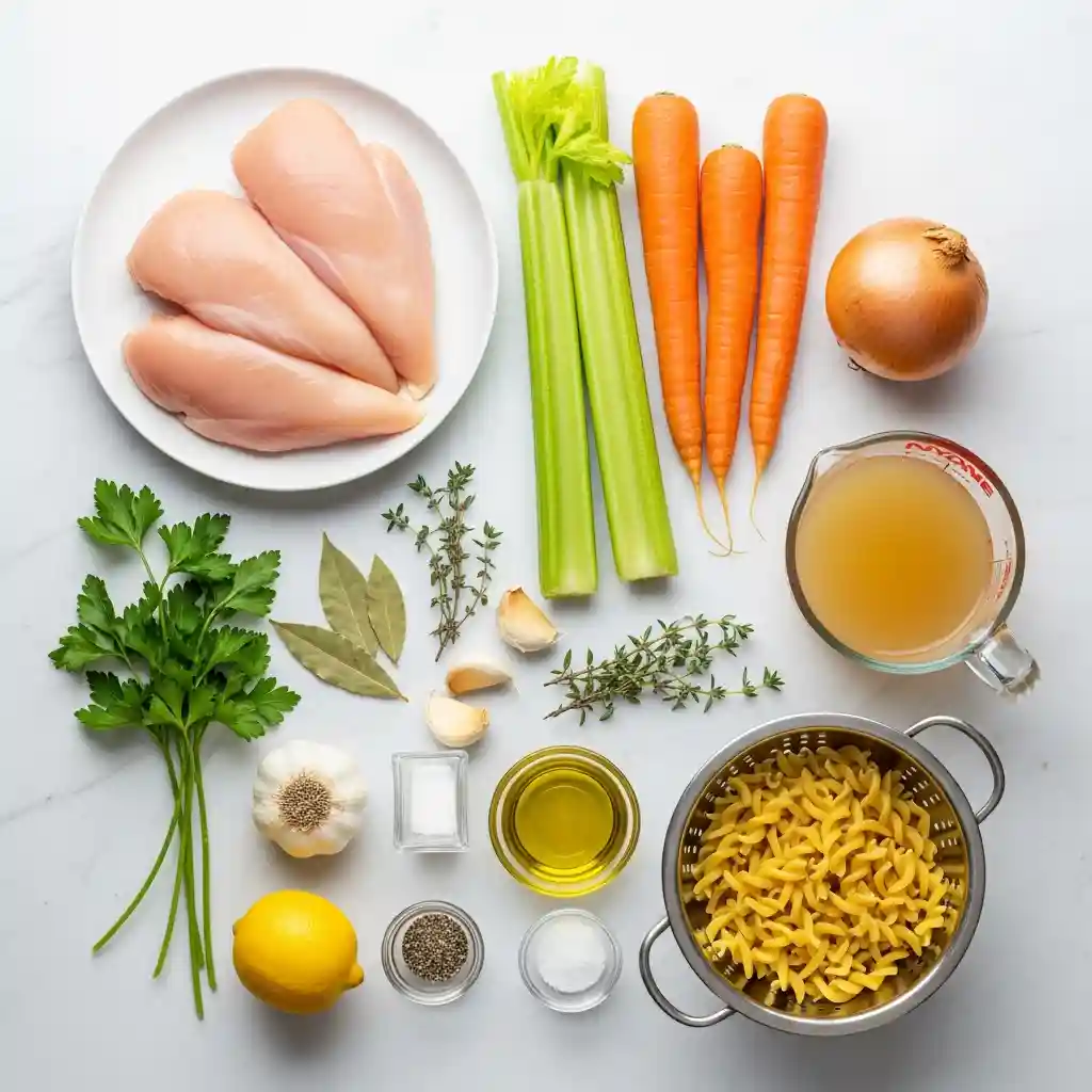 crockpot-chicken-noodle-soup-ingredients-colander_compressed Overhead photo of Crockpot Chicken Noodle Soup ingredients with cooked egg noodles in a stainless-steel colander, chicken, vegetables, herbs, and broth.