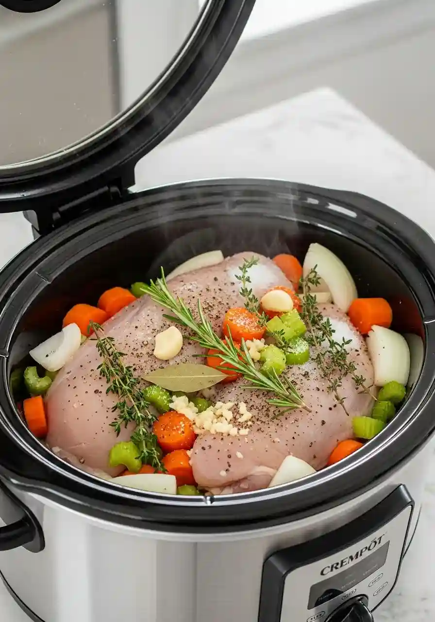 crockpot-chicken-noodle-soup-step1_compressed Raw ingredients for Crockpot Chicken Noodle Soup in a slow cooker.
