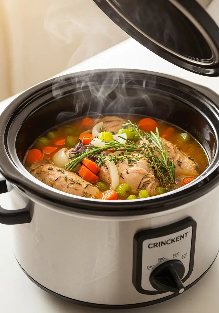 Crockpot simmering with chicken, vegetables, and broth.