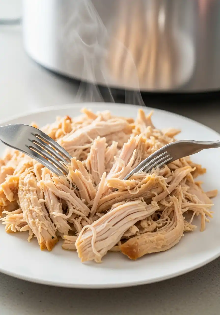 crockpot-chicken-noodle-soup-step3_compressed Shredding cooked chicken for Crockpot Chicken Noodle Soup.