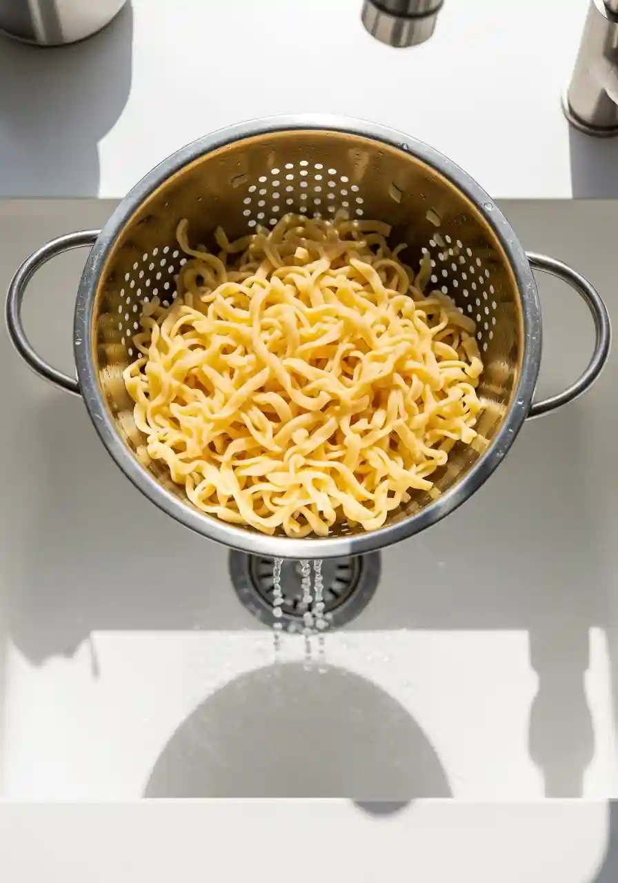 crockpot-chicken-noodle-soup-step4._compressed Cooked egg noodles being drained in a colander over the sink.