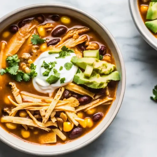 Bowl of chicken tortilla soup topped with tortilla strips, avocado, cheese, and sour cream.