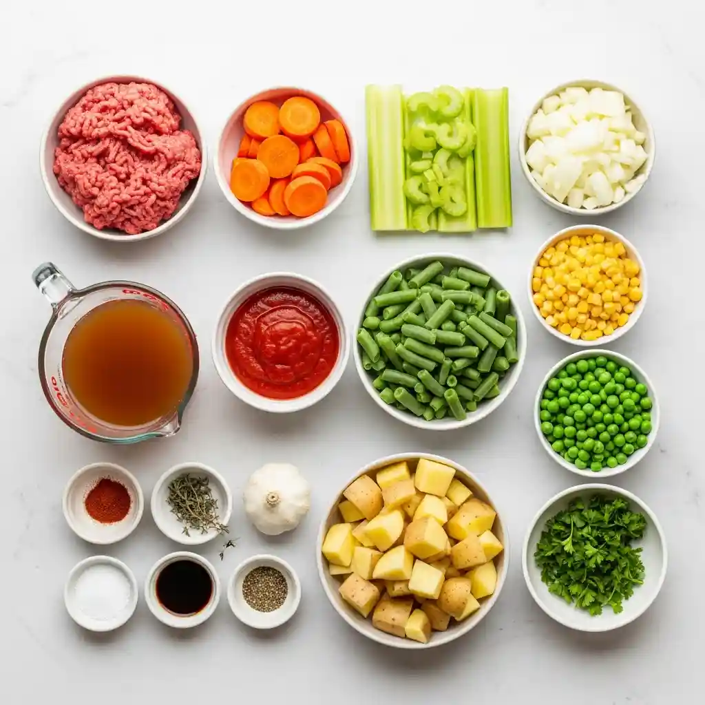 All ingredients for Crockpot Ground Beef Vegetable Soup laid out on a marble surface.
