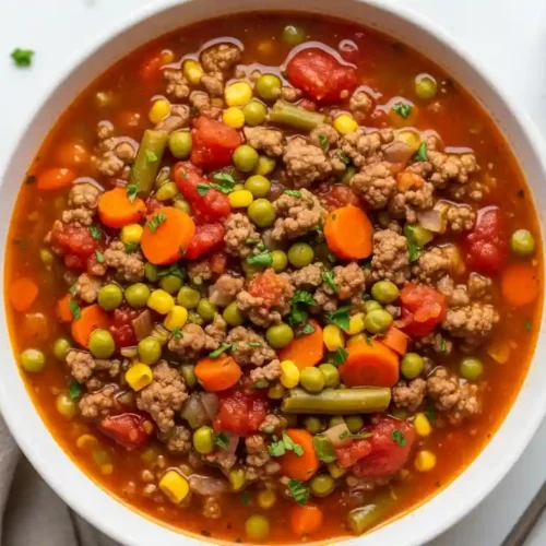 Bowl of Crockpot Ground Beef Vegetable Soup garnished with parsley in soft natural light.