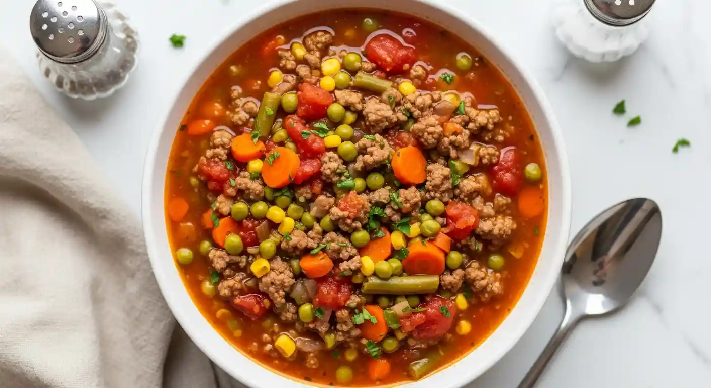 Bowl of Crockpot Ground Beef Vegetable Soup garnished with parsley in soft natural light.