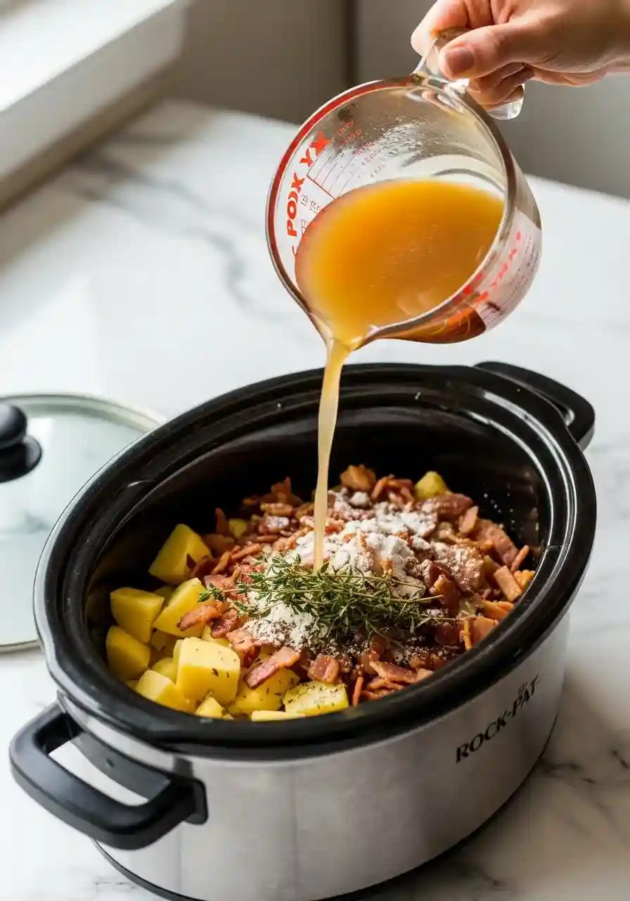 Crockpot filled with ingredients for potato soup before cooking.