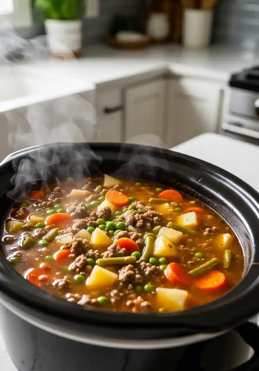 Crockpot filled with simmering beef and vegetable soup
