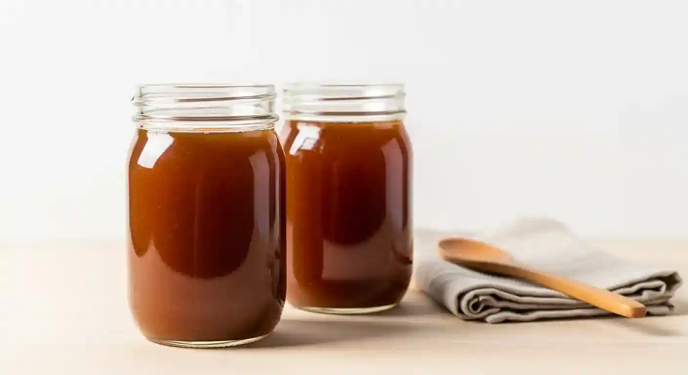 Two glass jars filled with rich dark brown homemade beef broth on a light wooden surface with a white background.