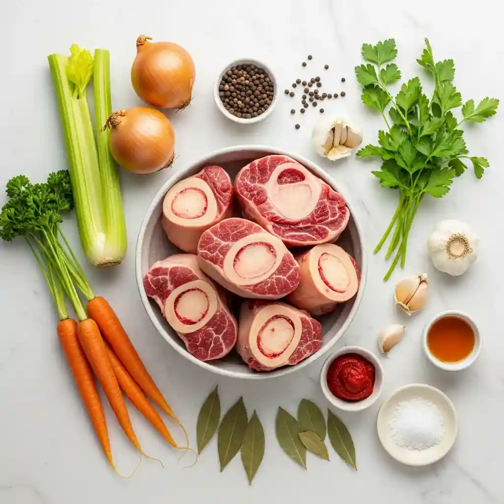 Flat-lay of raw beef marrow and knuckle bones in a bowl with carrots, onions, celery, garlic, tomato paste, vinegar, herbs, peppercorns, and salt on a marble surface.