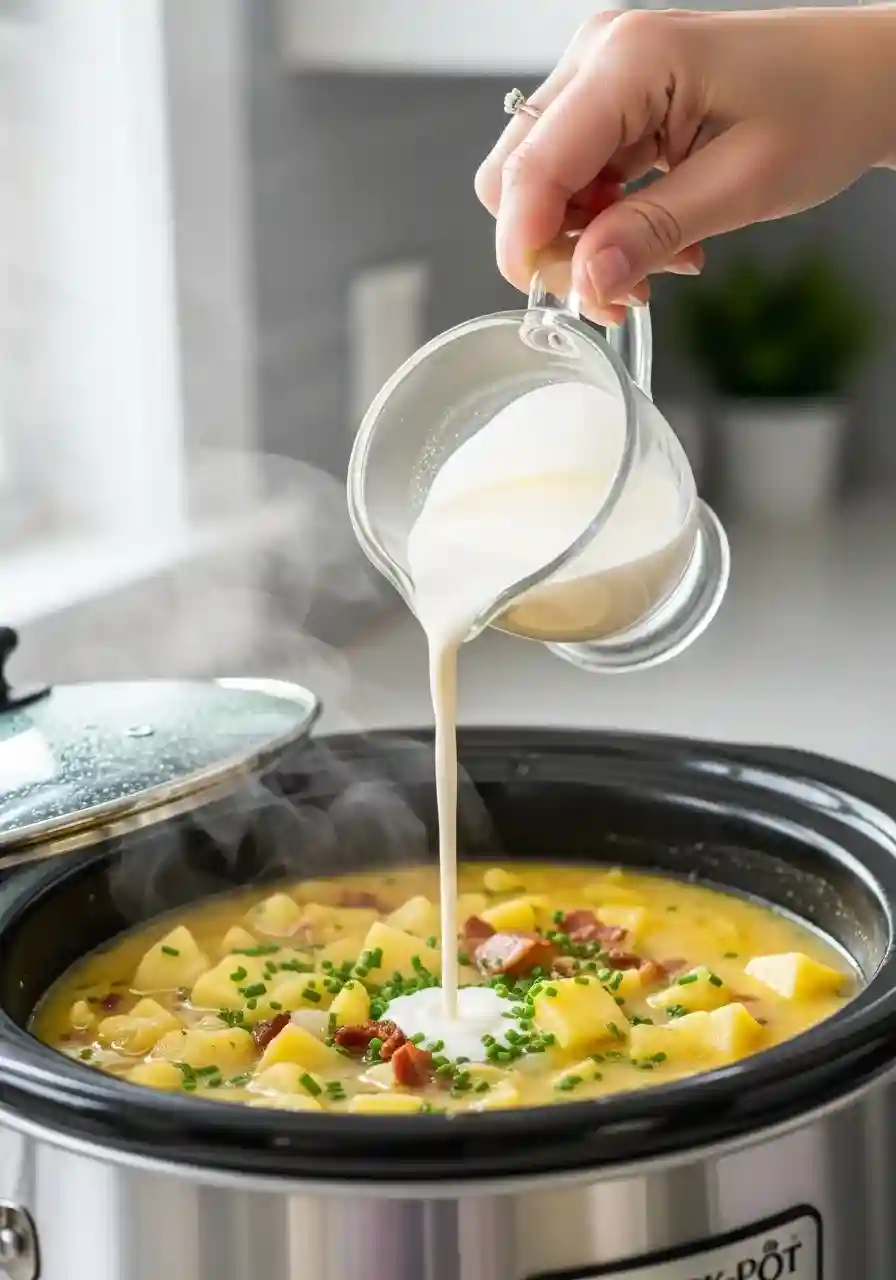 Mashing potatoes in crockpot to thicken soup.