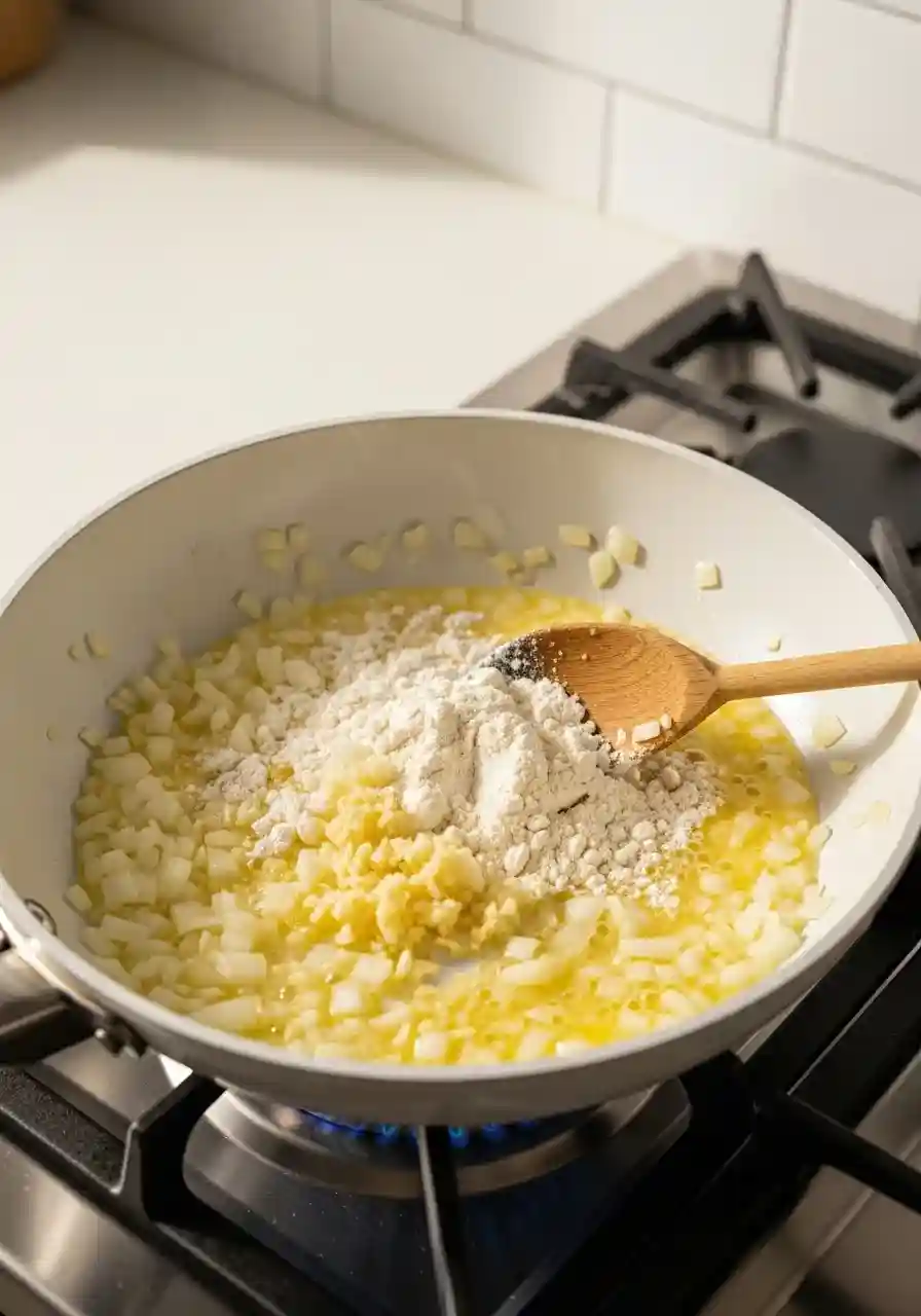 flour, onions, and garlic cooking together in butter on stovetop