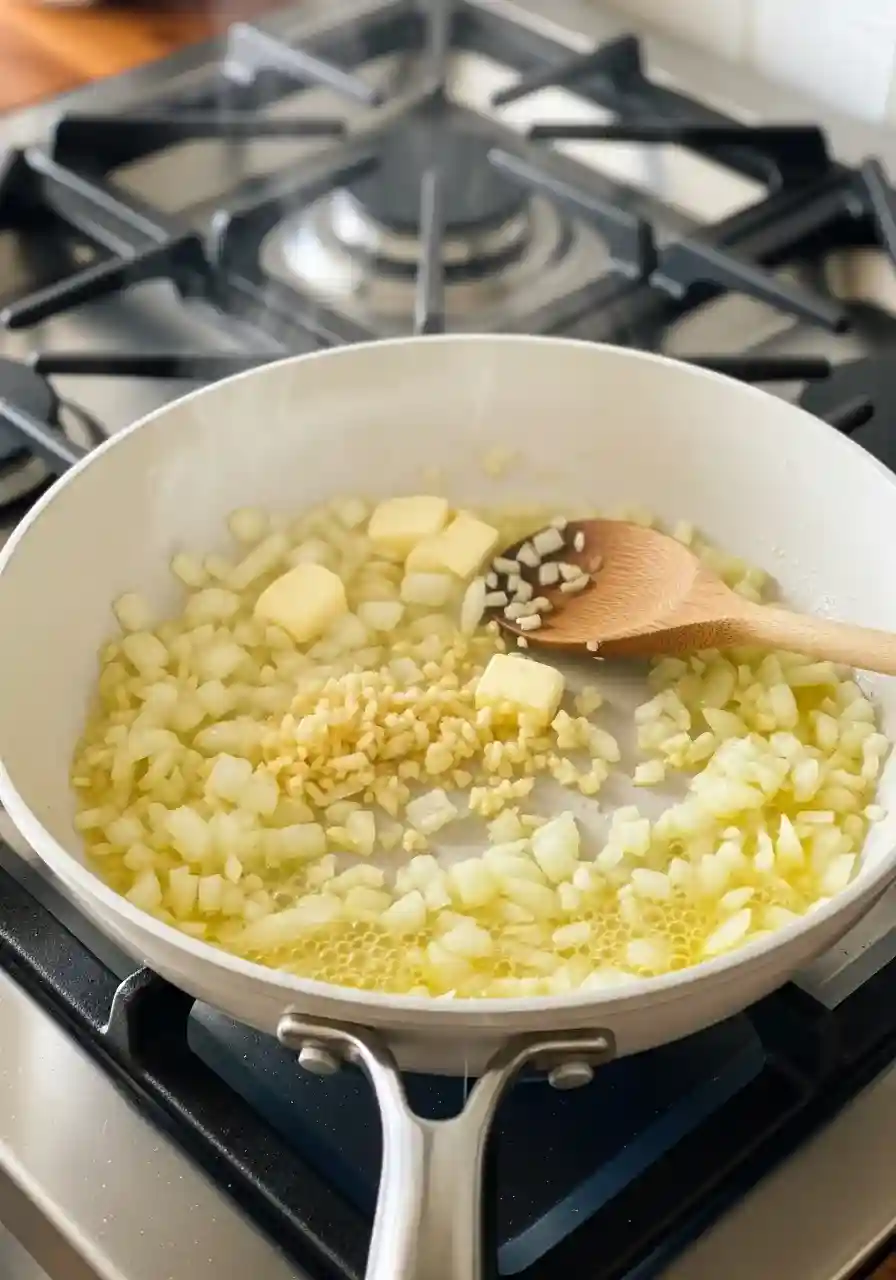Onions and garlic sautéing in butter.