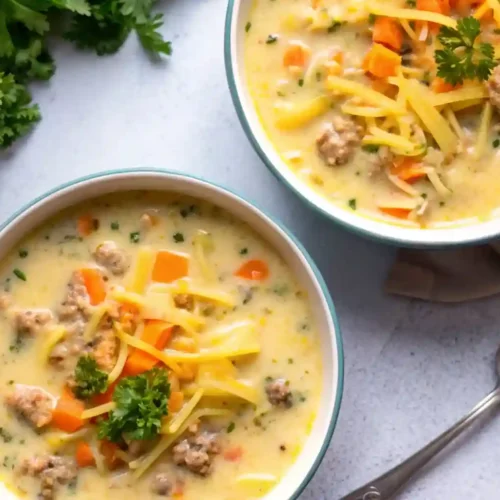 Two bowls of creamy cheeseburger soup topped with shredded cheddar and parsley, surrounded by fresh herbs on a light surface.