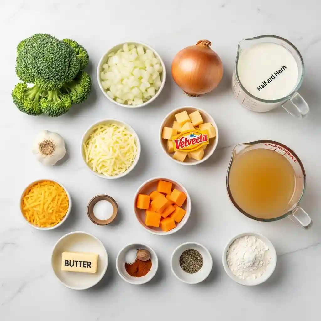 Top-down view of all ingredients for Crockpot broccoli cheese soup arranged on a marble surface with a charcoal gray Crockpot.