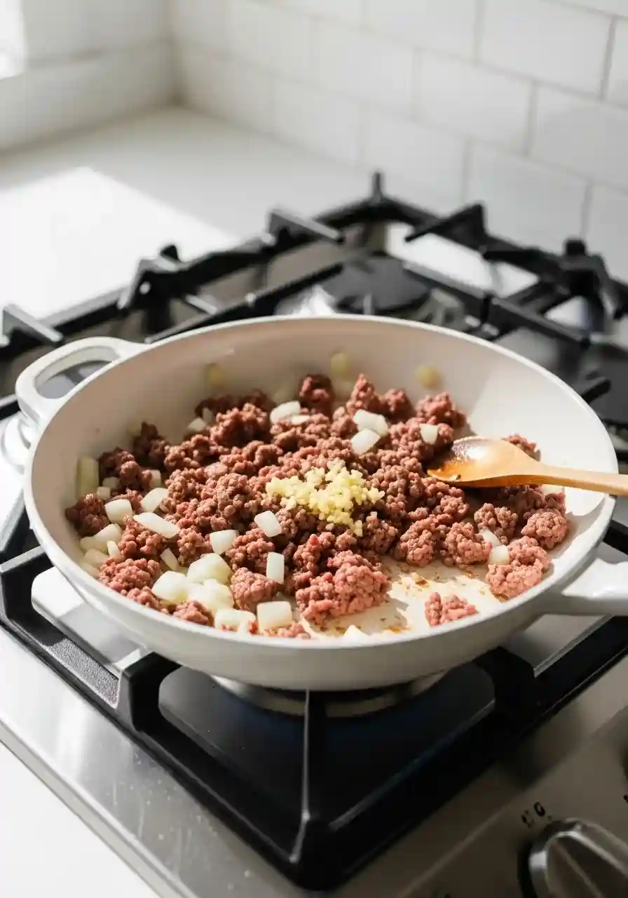 Ground beef, onions, and garlic browning in a white skillet on a stovetop.