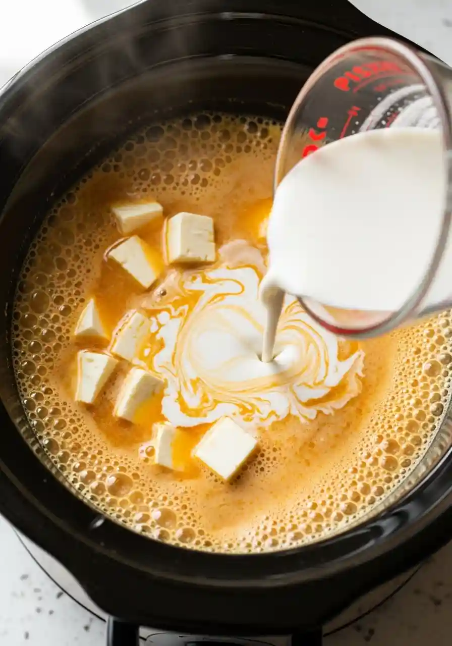 Cream cheese cubes and cornstarch slurry being added to the slow cooker.
