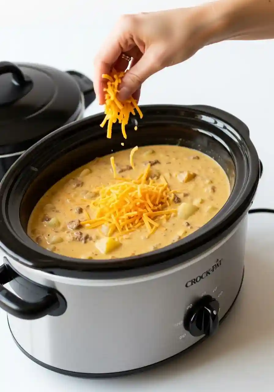 A woman’s hand sprinkling shredded cheddar over fully cooked creamy cheeseburger soup in a gray Crock-Pot.