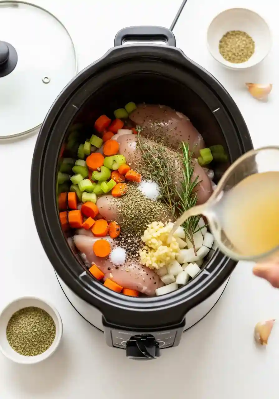 Chicken, veggies, garlic, and dried herbs added to a black oval crockpot before cooking.