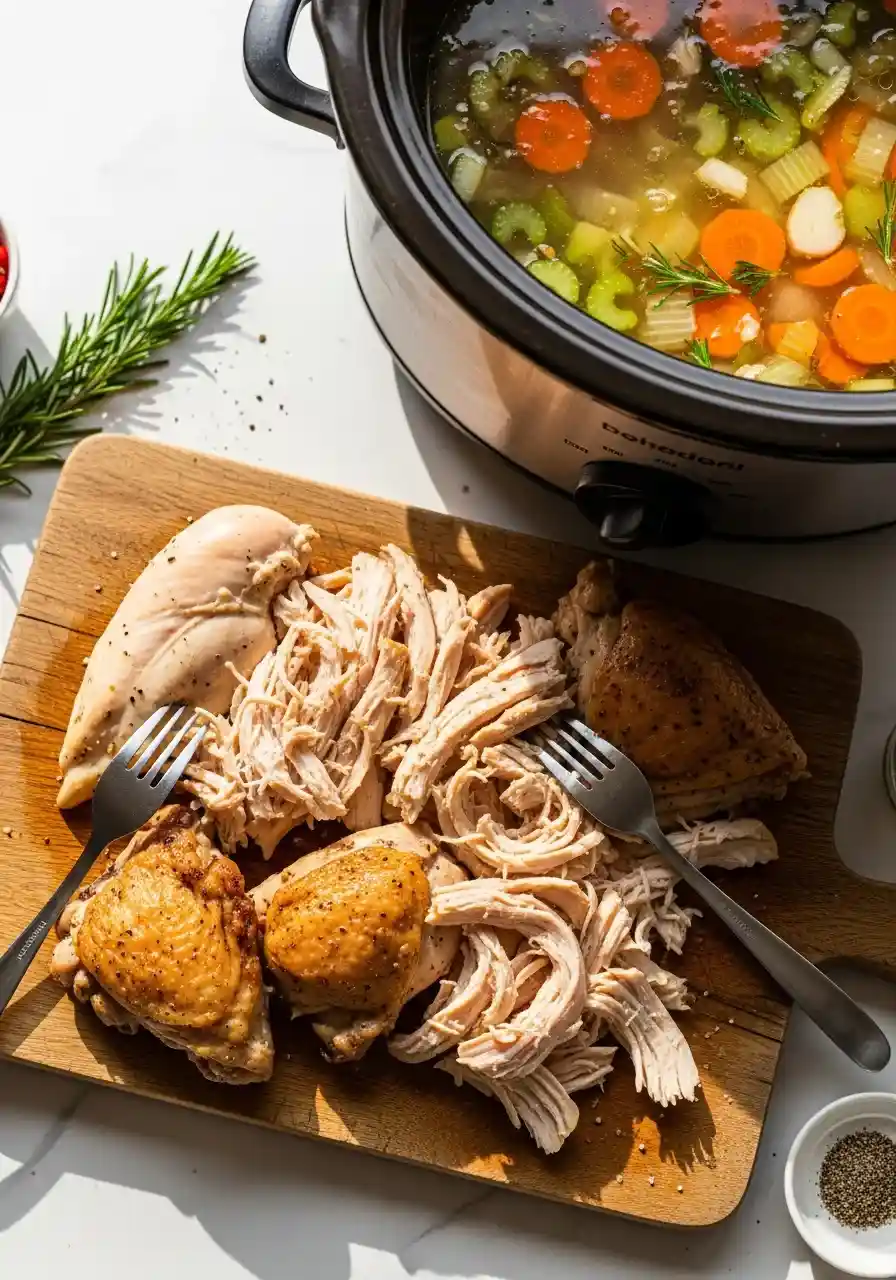 Cooked chicken being shredded with two forks beside the crockpot.