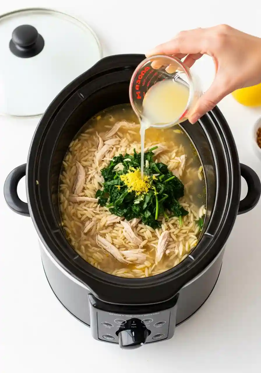 Shredded chicken and fresh spinach being stirred into a crockpot of hot soup.