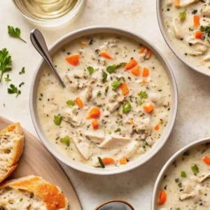 Slow Cooker Chicken and Wild Rice Soup: A Hearty, Family-Favorite Comfort Meal 1 Single bowl of creamy chicken and wild rice soup with vegetables, styled overhead with bread and herbs.
