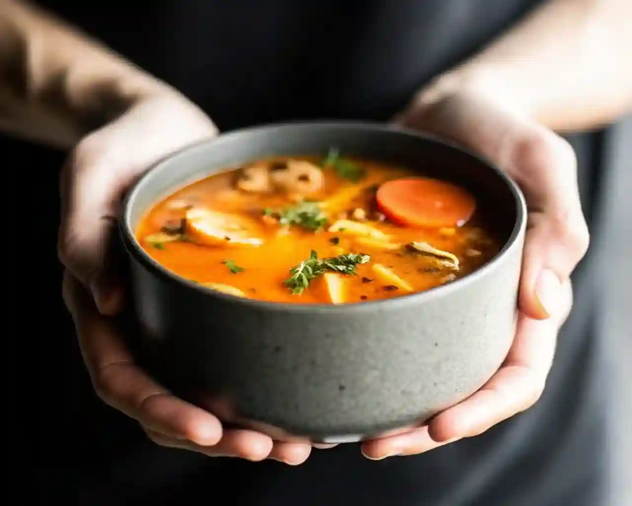 Slow-Cooker-Thai-Chicken-Soup_compressed (1) Creamy Slow Cooker Thai chicken soup with carrots, chili slices, and herbs in a rustic gray bowl held by hands