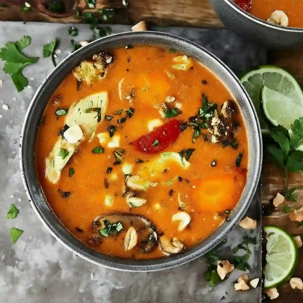 Creamy Thai coconut chicken soup bowl with lime slices, cilantro, and toasted peanuts on a rustic wooden surface