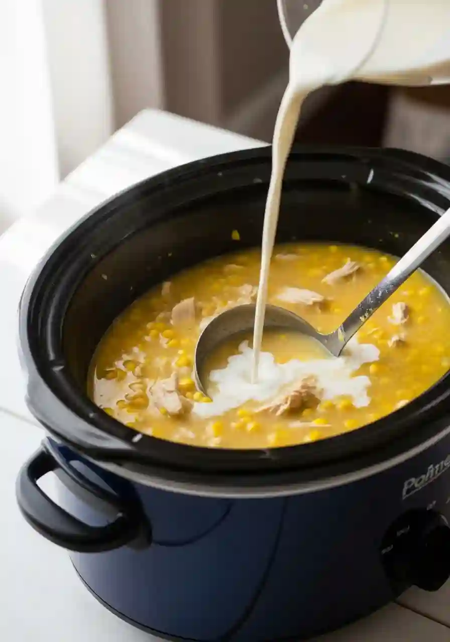 add-half-and-half-chicken-corn-chowder._compressed Adding half-and-half to crockpot chicken corn chowder soup
