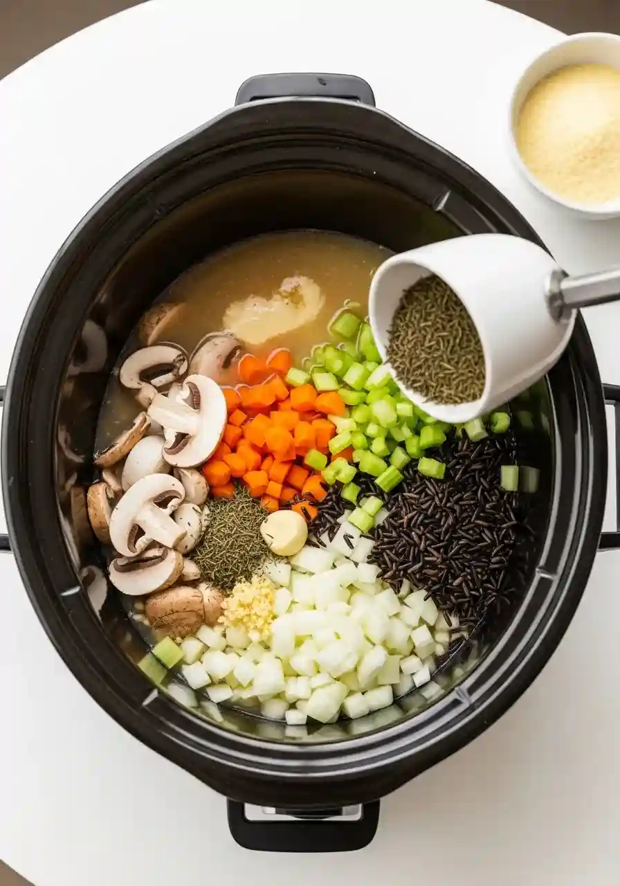 Adding mushrooms, vegetables, and wild rice to slow cooker soup