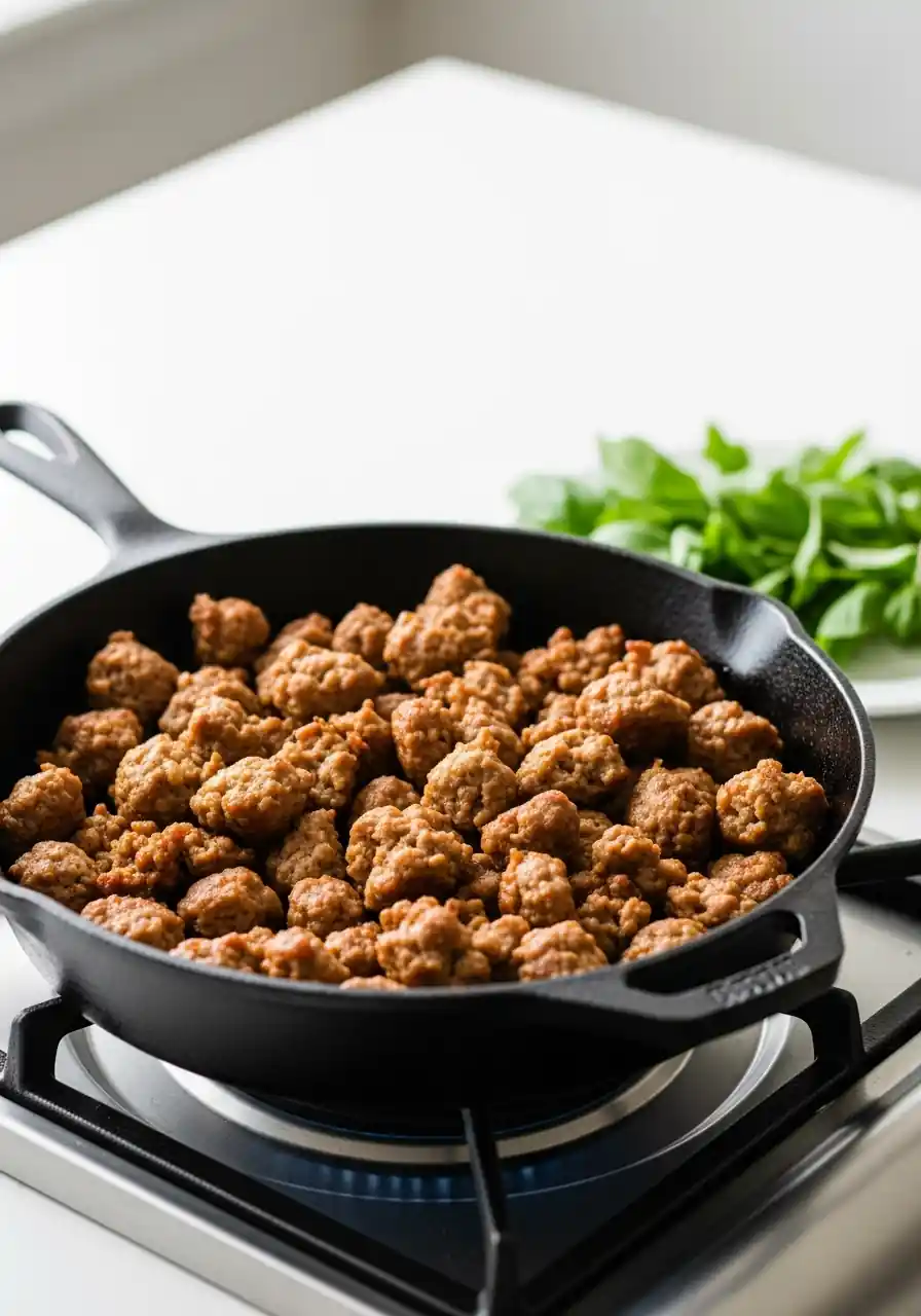 browned-italian-sausage-skillet Italian sausage being broken up and cooked in a skillet on the stovetop.
