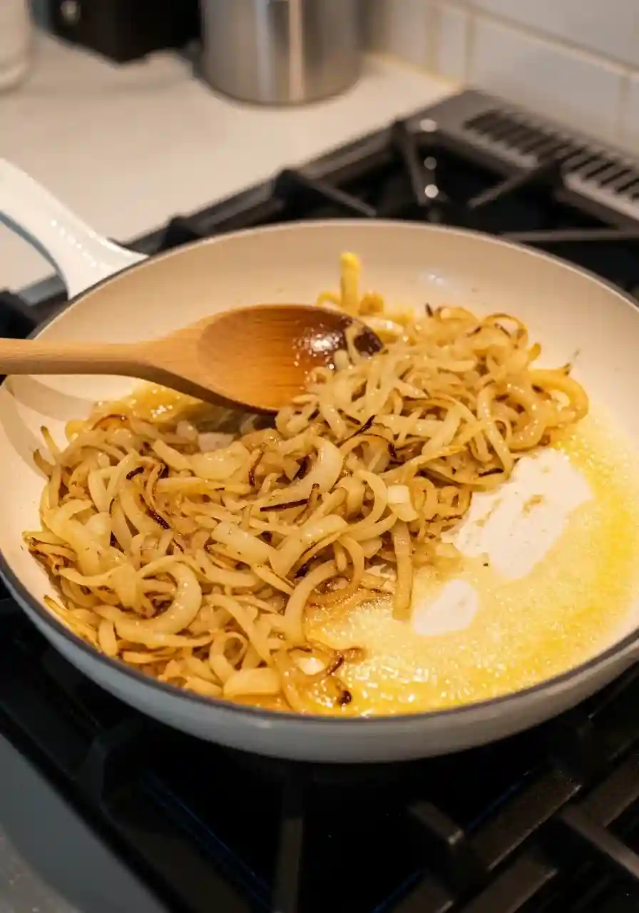 caramelized-onions-white-skillet-stovetop_compressed Caramelized onions cooking in butter in a white skillet on the stovetop for Crockpot French Onion Soup