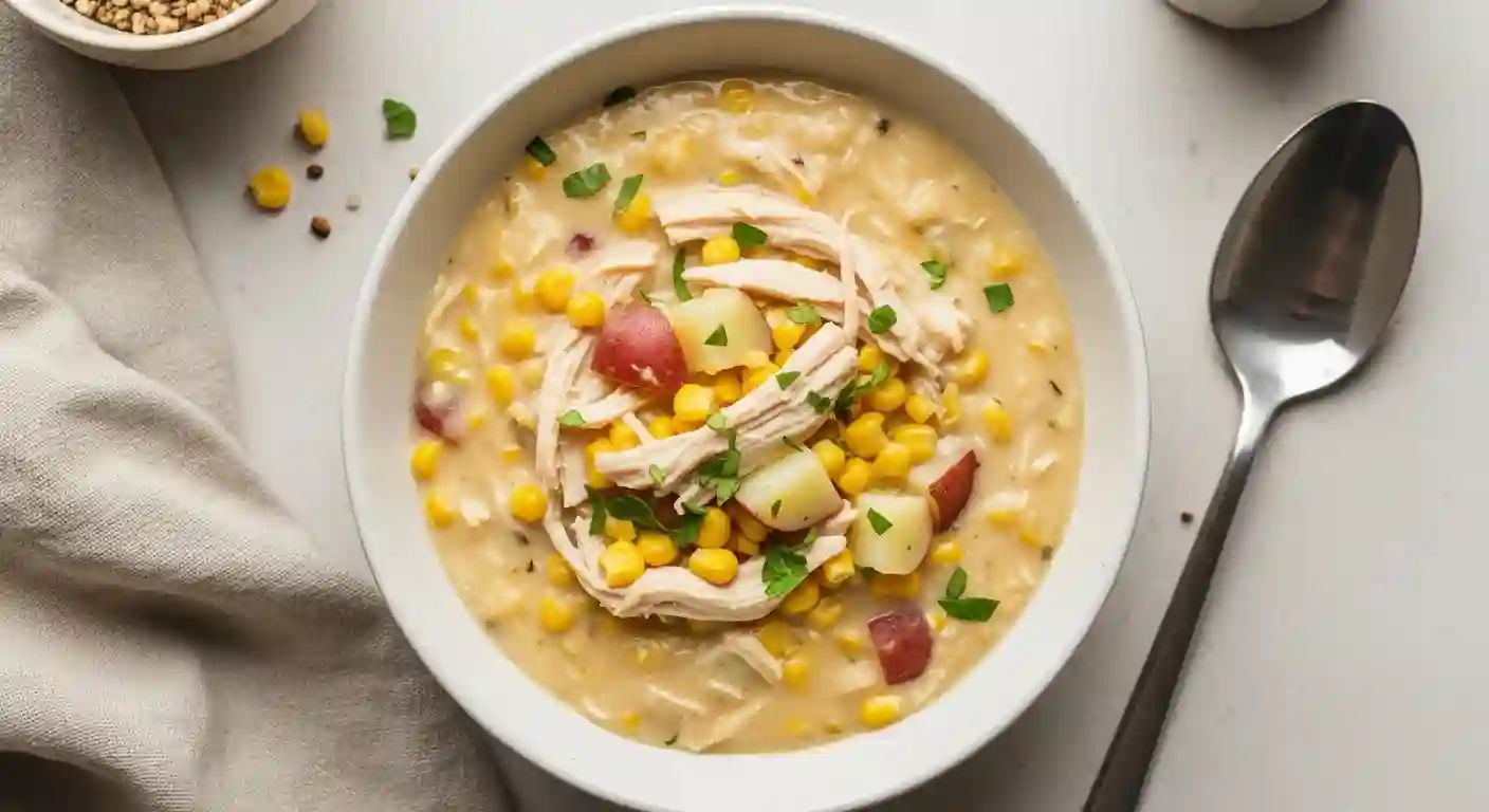 Crockpot chicken corn chowder soup served in a white bowl with creamy broth, chicken, potatoes, and corn