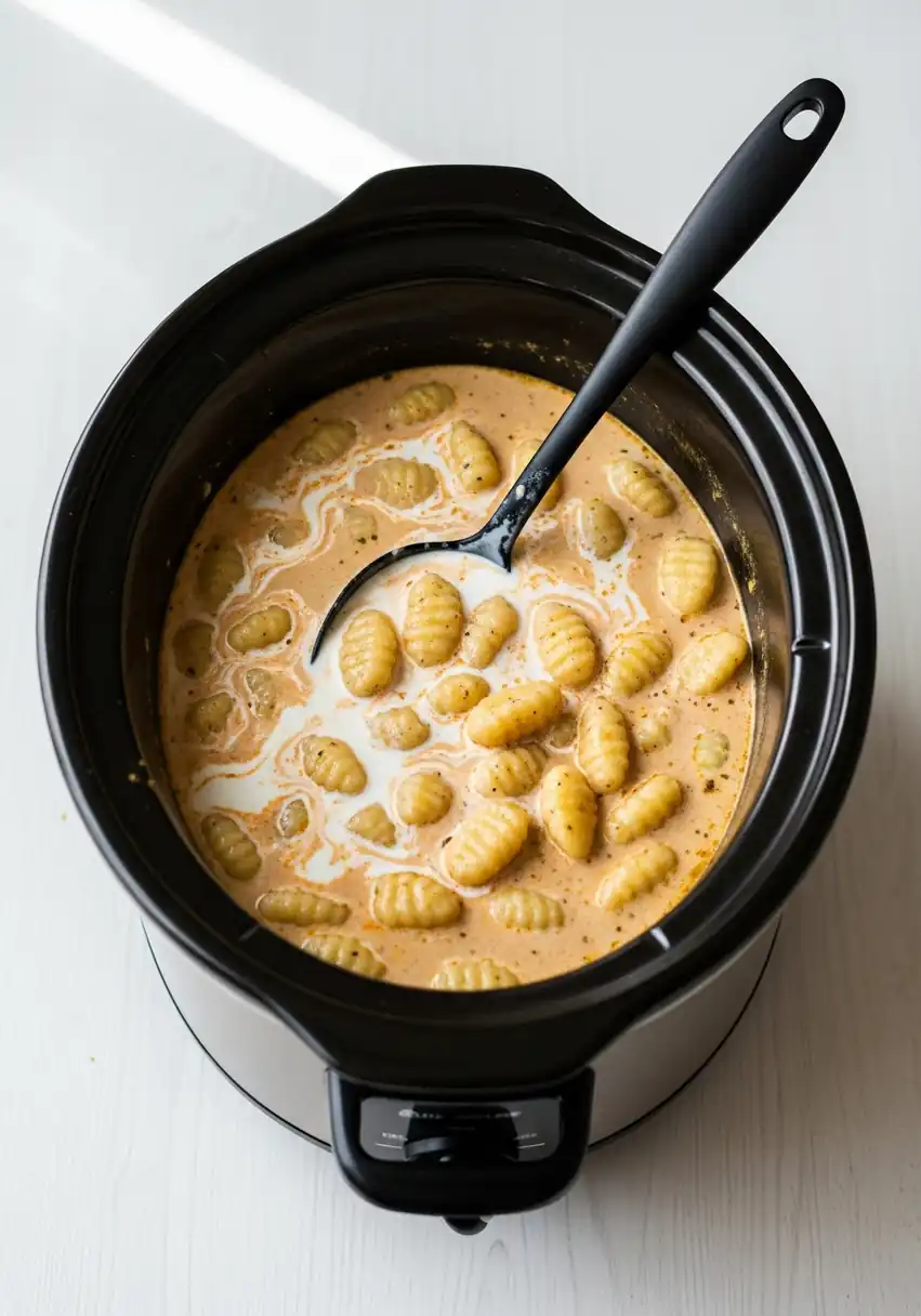 crockpot-chicken-gnocchi-soup-creamy Adding gnocchi and evaporated milk to crockpot chicken soup