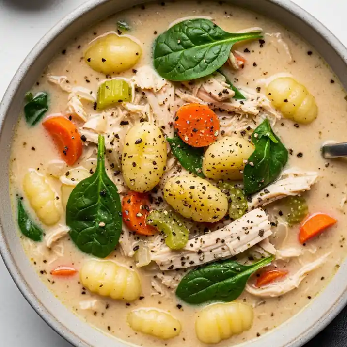 Creamy crockpot chicken gnocchi soup with shredded chicken and vegetables