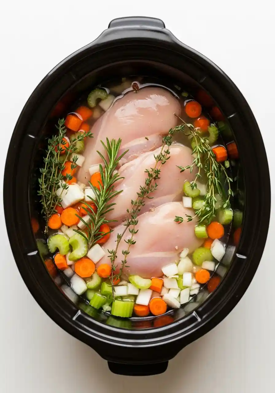 crockpot-chicken-gnocchi-soup Chicken, vegetables, and broth added to a slow cooker for chicken gnocchi soup
