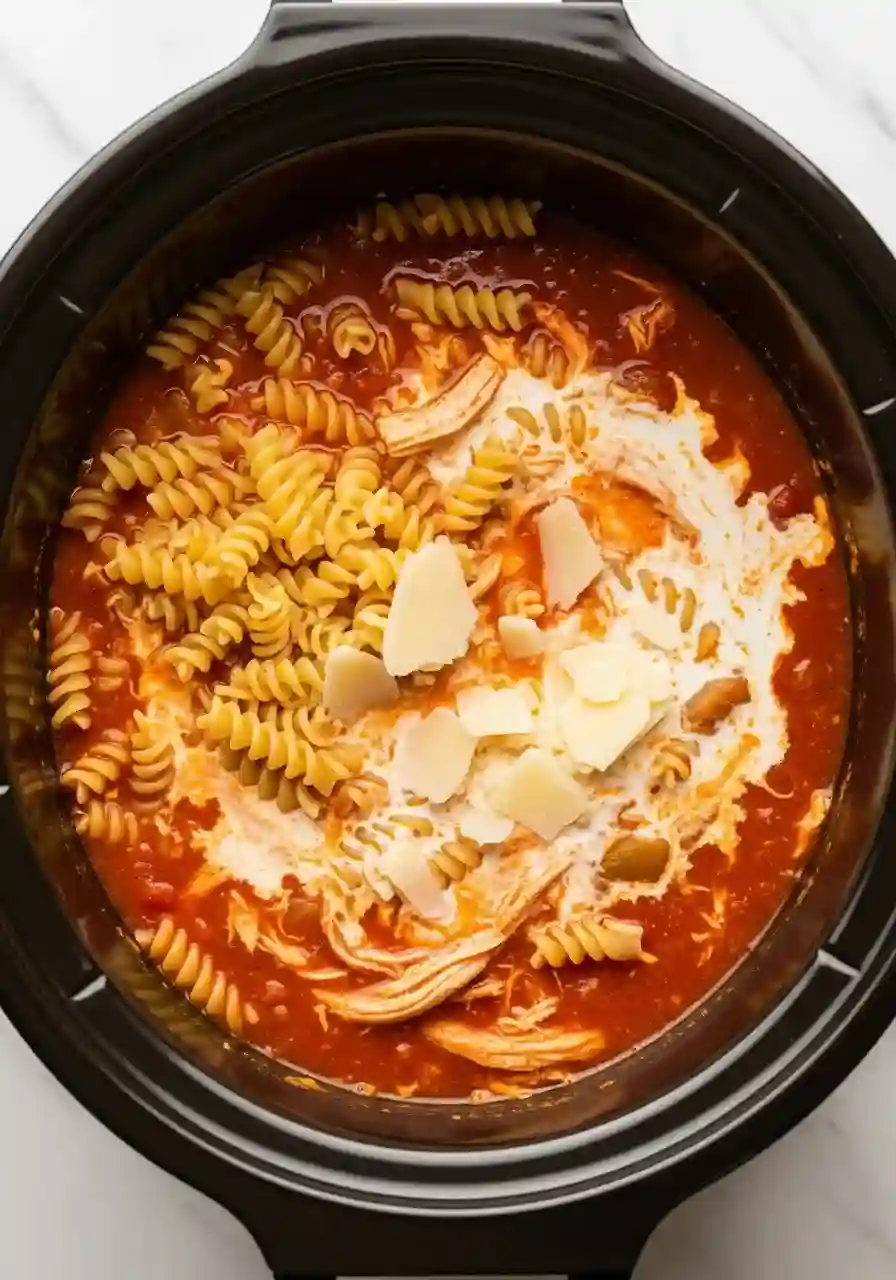 Pasta, parmesan, and cream added to crockpot chicken parmesan soup