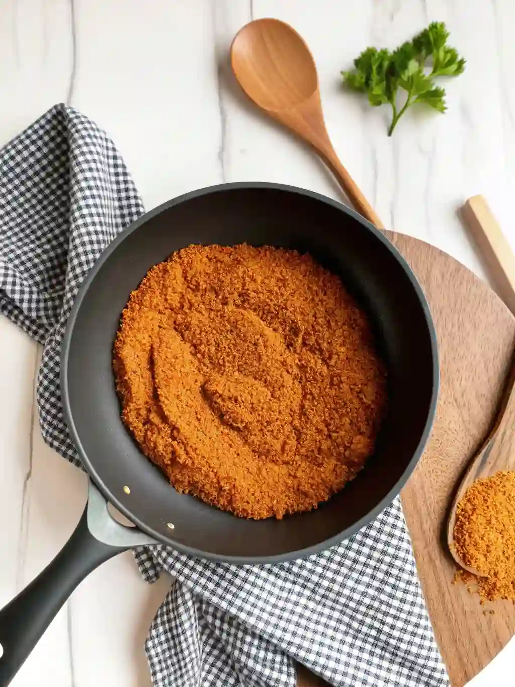 Seasoned breadcrumbs being toasted in a skillet for crockpot chicken parmesan soup
