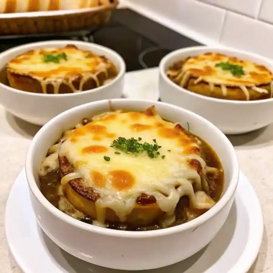 Crockpot French onion soup served in white bowls with caramelized onions, rich broth, and melted cheese topping